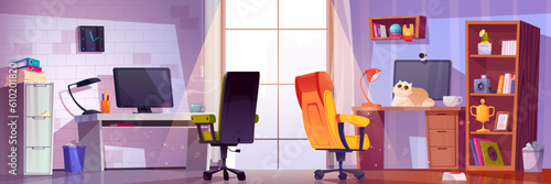 Hybrid office interior design for flexible remote work vector illustration. Workplace furniture for employee at home online and company location for schedule. Webcam solution for business conference