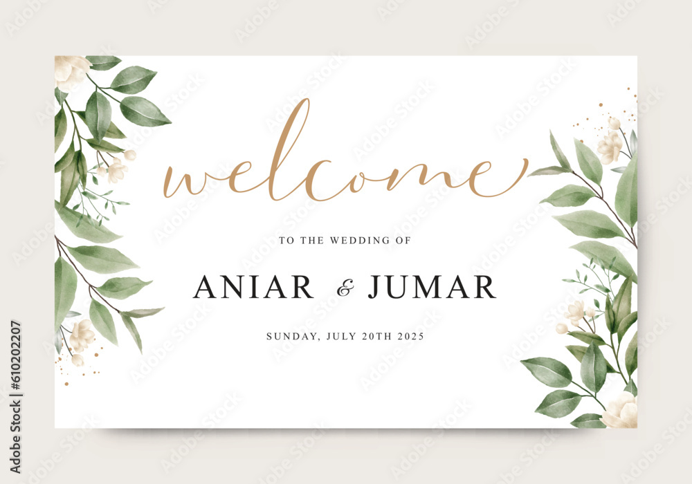 Welcome sign template for wedding with flowers and green leaves