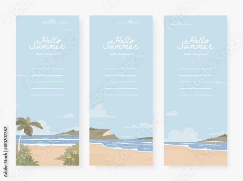 Set of beautiful vertical banner design template with sandy summer beach. Set of nature landscape background. Vector illustration