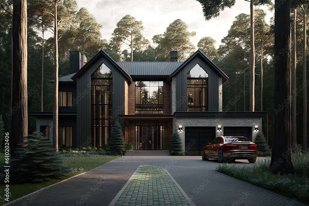 Sofisticated modern European two story house in the woods. Generative ...