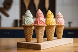 four ice cream cones sitting on top of a wooden stand. Generative ai