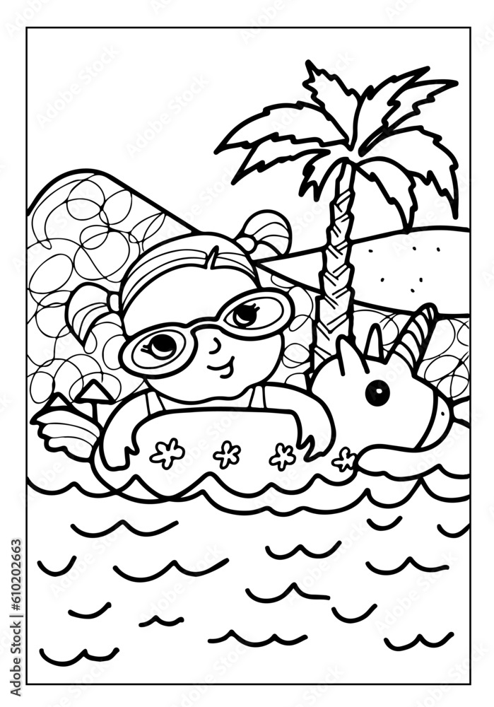 Coloring book summer activity , Cute baby girl swims in the sea Coloring book summer activity , Cute baby girl swims in the sea