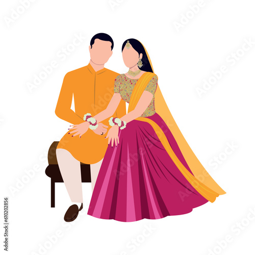 Fototapeta Naklejka Na Ścianę i Meble -  Vector vector cute indian couple cartoon in traditional dress posing for wedding invitation card design	