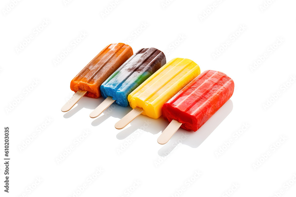 Assortment of cold summer popsicles isolated on a white background. Created with Generative AI Technology Assortment of cold summer popsicles isolated on a white background. Created with Generative AI Technology