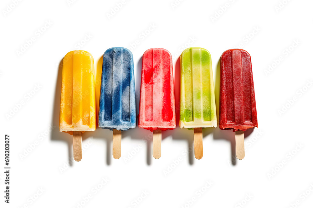 Assortment of cold summer popsicles isolated on a white background. Created with Generative AI Technology Assortment of cold summer popsicles isolated on a white background. Created with Generative AI Technology