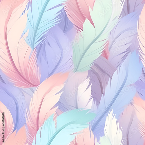 Luxury, delicate and tender seamless pattern background with elegant pink feathers. AI illustration. Boho style texture. For textile, fashion, fabric, wrapping paper, card.