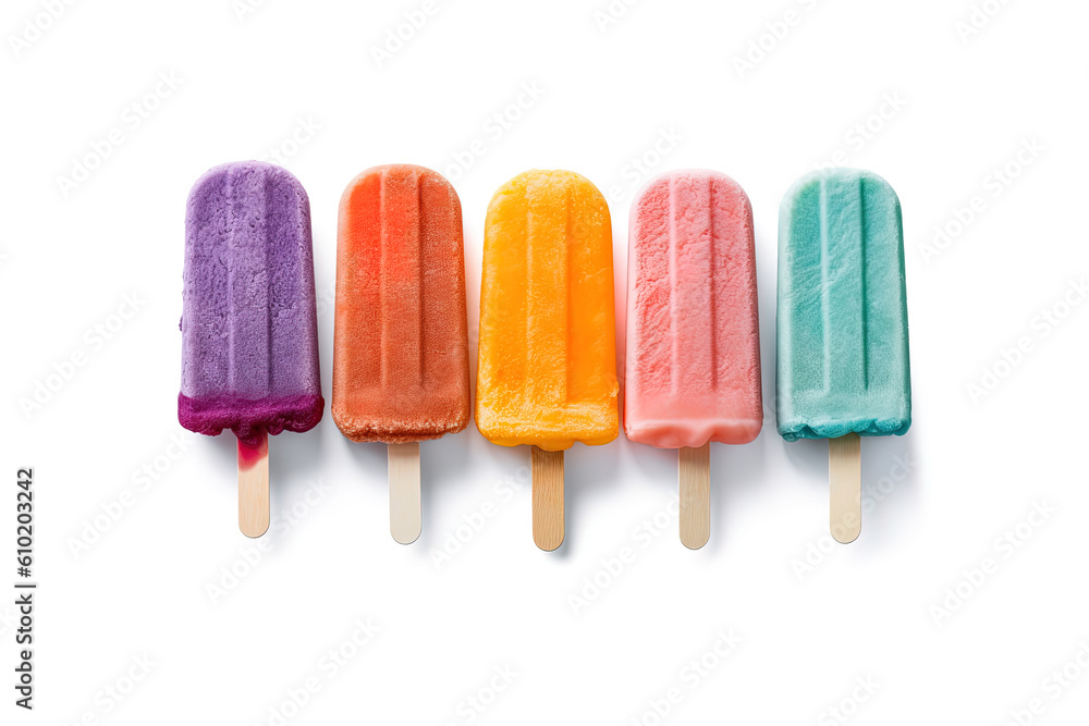 Assortment of cold summer popsicles isolated on a white background. Created with Generative AI Technology Assortment of cold summer popsicles isolated on a white background. Created with Generative AI Technology