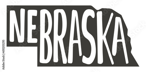 Nebraska. Vector silhouette state. Nebraska map with text script. Nebraska shape state map for poster, t-shirt, tee, souvenir. Vector outline Isolated illustratuon on a white background.