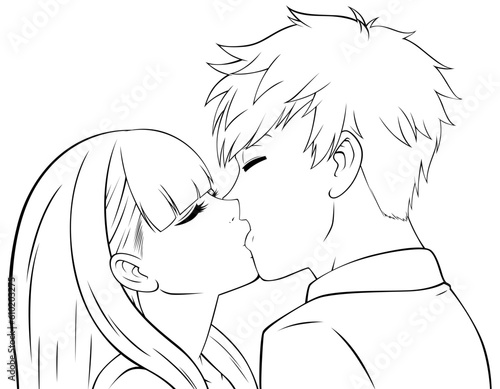 Anime Boy and Girl Kissing Line Art