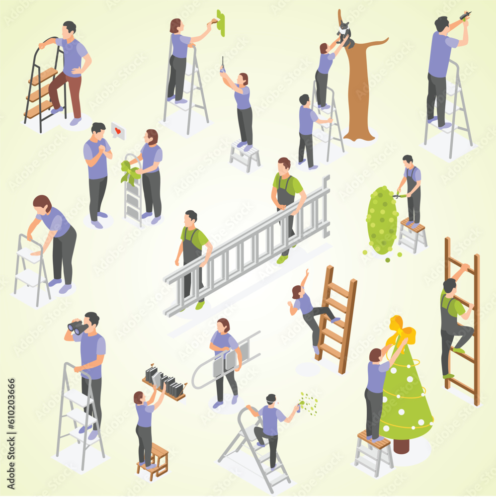 people using ladder various purposes isometric icons collection isolated vector illustration
