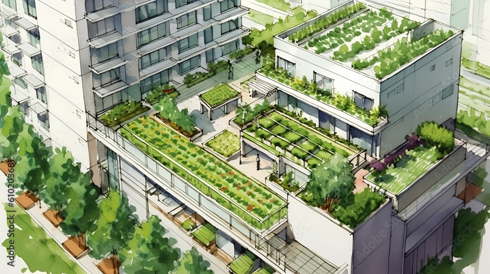 Sustainable project that integrates the concept of urban gardening. Significance of green spaces and local food production within urban environments for a sustainable future. Generative AI