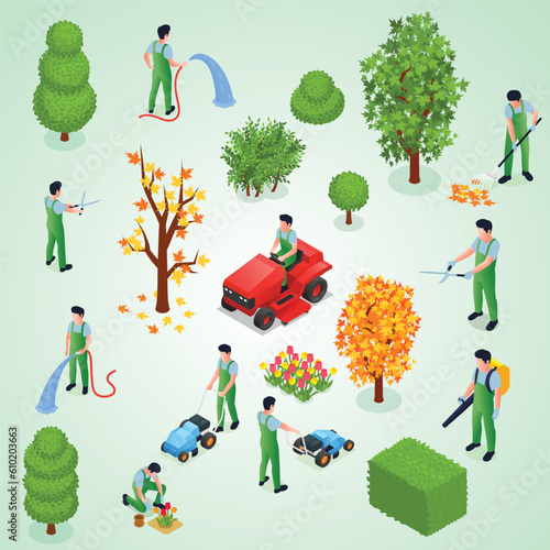 professional gardening isometric icons with elements landscape design people working outdoor isolated vector illustration