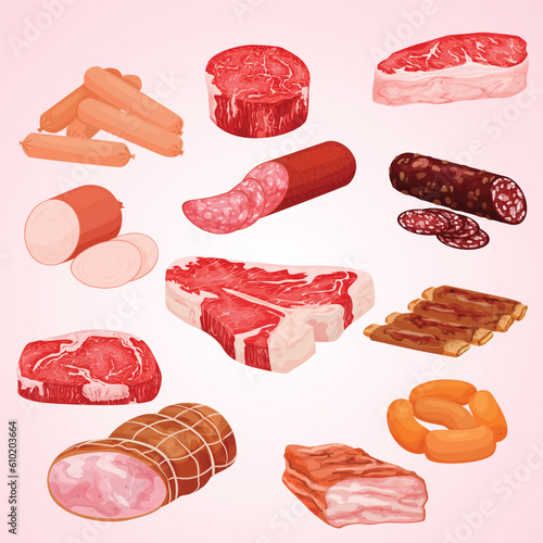 meat products flat set with isolated images raw steaks sausages bacon blank background vector illustration