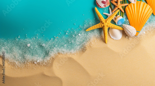 summer composition copy space concept with shell starfish and sand ai generative