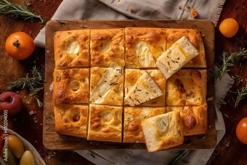 Italian focaccia bread top view illustration generative ai photo