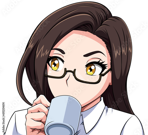 Anime Girl Drinking Coffee on White