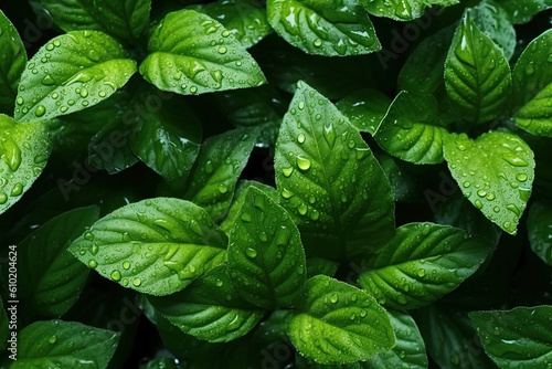 top view fresh green leaves with raindrops texture