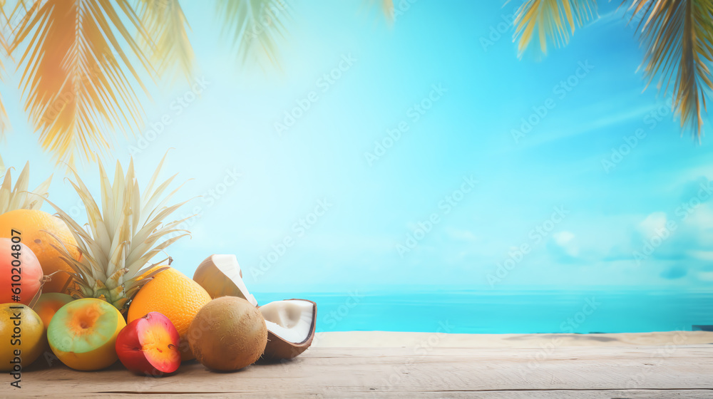 photo tropical summer background with tropical fruit and copy space ai generative