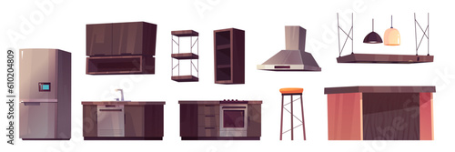 Kitchen room furniture cartoon vector interior illustration. Fridge, table and modern cooking equipment set for living in house. Household appliance with wooden elements and hanging lamp decoration.