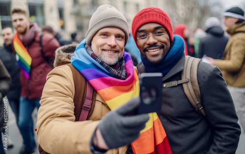 Two men in their 30s taking a selfie on the street with the lgtb scarf around the nek - ai generative