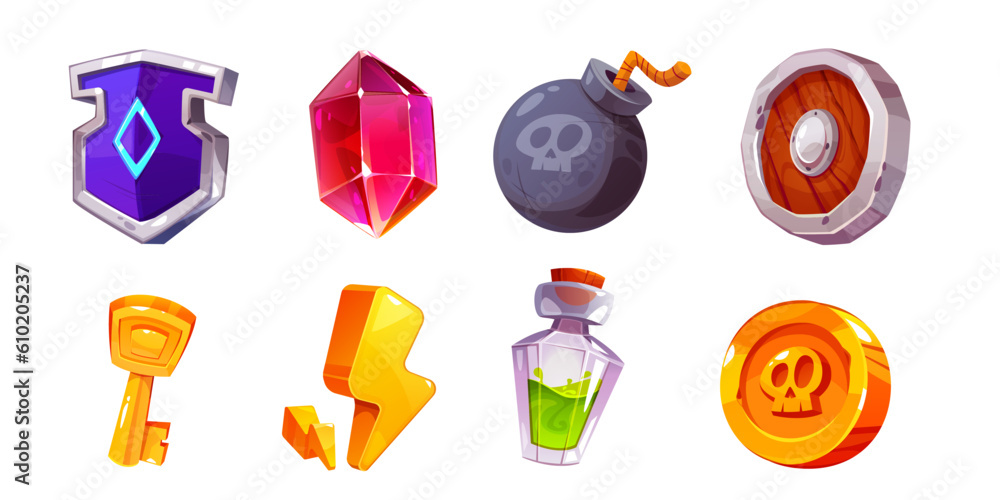 Cartoon game ui interface element icon vector set. Mobile gui design kit with gold coin, shield, lightning, gem stone, bomb and potion bottle props. Arcade slot pack isolated on white background - obrazy, fototapety, plakaty 