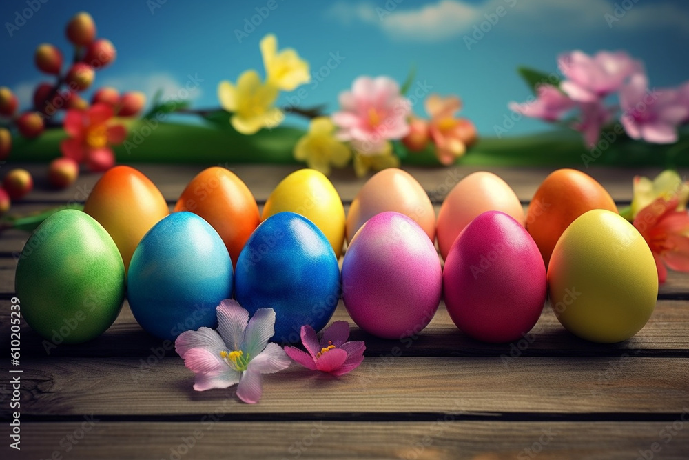 colorful Easter eggs, blossoming spring, rainbow Generative AI colorful Easter eggs, blossoming spring, rainbow Generative AI