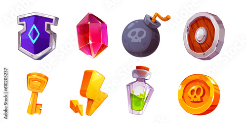 Cartoon game ui interface element icon vector set. Mobile gui design kit with gold coin, shield, lightning, gem stone, bomb and potion bottle props. Arcade slot pack isolated on white background