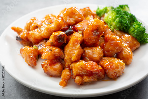 A view of a plate of orange chicken.