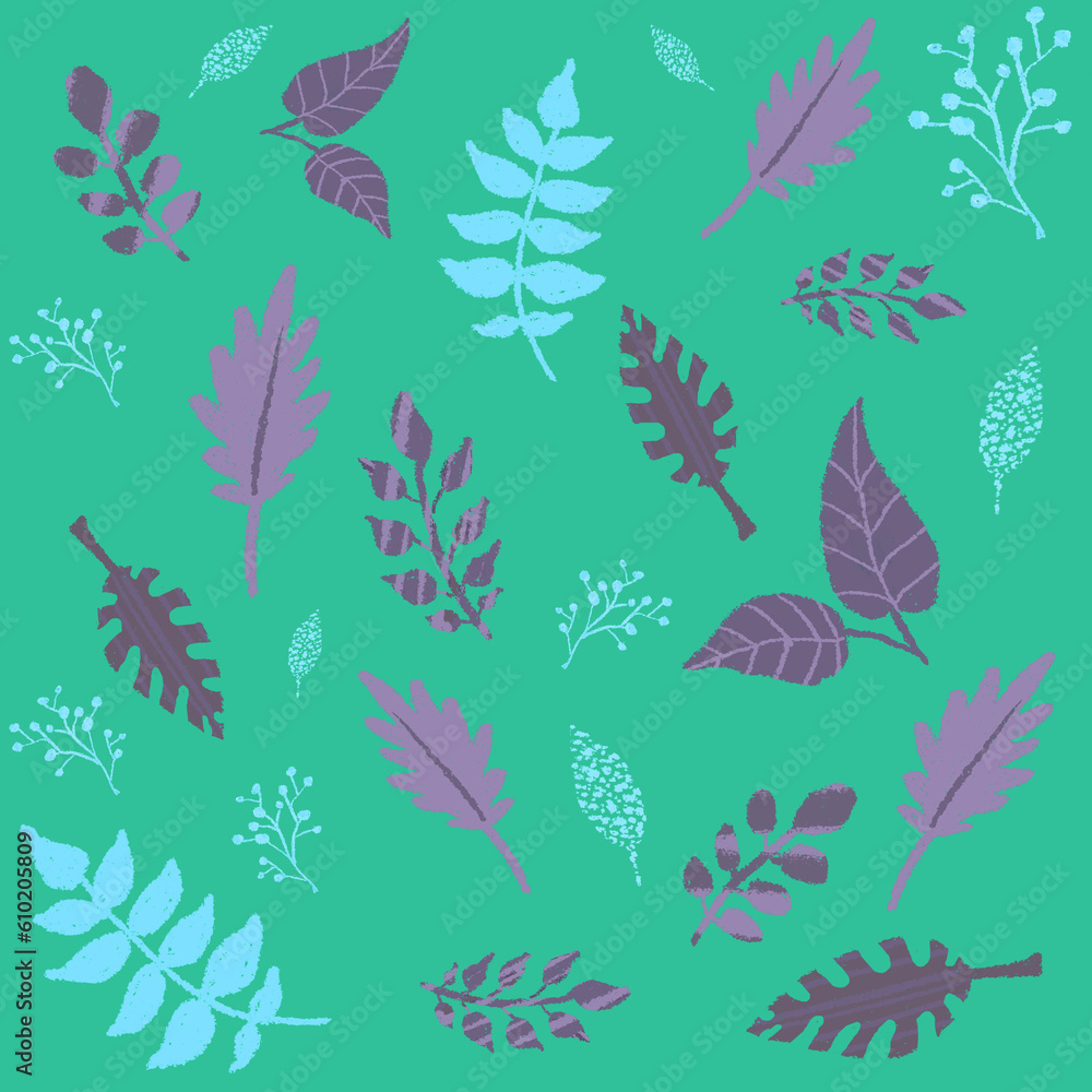 Fototapeta premium Seamless turquoise pattern with leaves, Floral doodle wrapping paper, Fabric textile folk purple Ornament