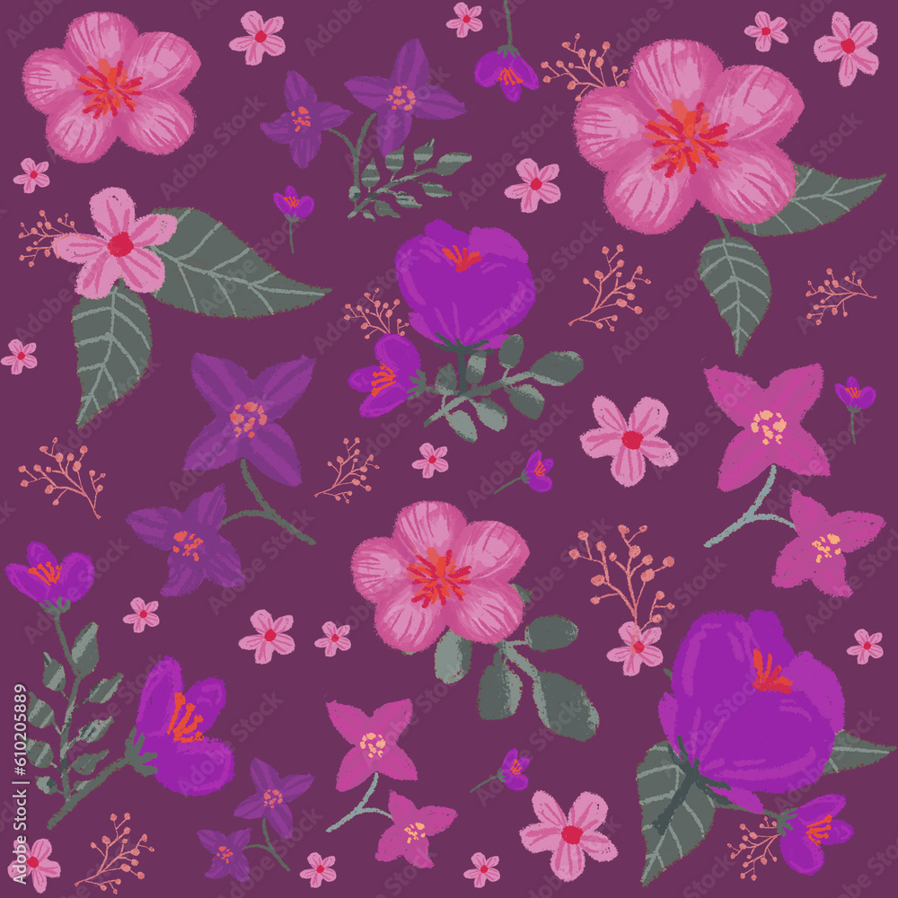 seamless floral pattern with pink purple flowers, textile fabric retro texture, romantic botanical wrapping paper texture seamless floral pattern with pink purple flowers, textile fabric retro texture, romantic botanical wrapping paper texture