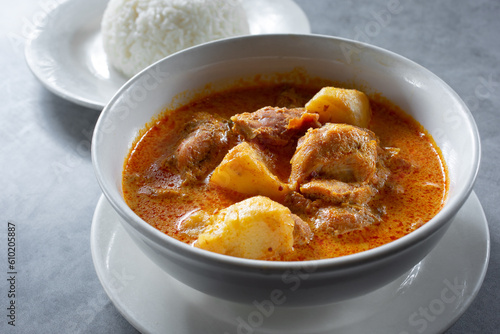 A view of a bowl of chicken curry.