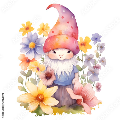 Watercolor Garden gnome with flowers Clipart Element Printable Commercial use