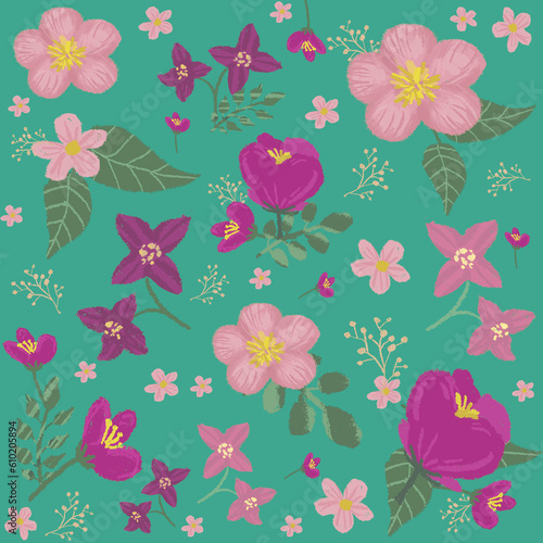 seamless seasonal floral pattern with purple magenta flowers green leafs scrapbook textile fabric wrapping paper dark green teal turquoise background