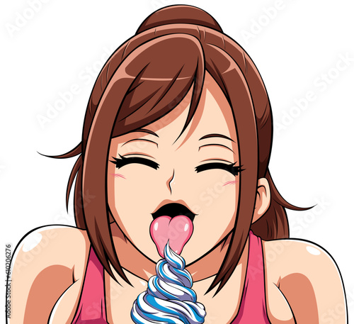 Anime Girl Licking Ice Cream on White