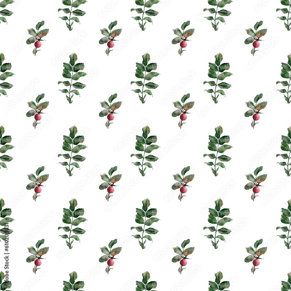 Fototapeta premium Watercolor seamless border with flowering branches, leaves and rosehip fruits