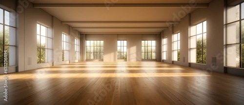 Interior empty light apartment with wooden parquet. Modern design. Big room with copy space. Generative AI