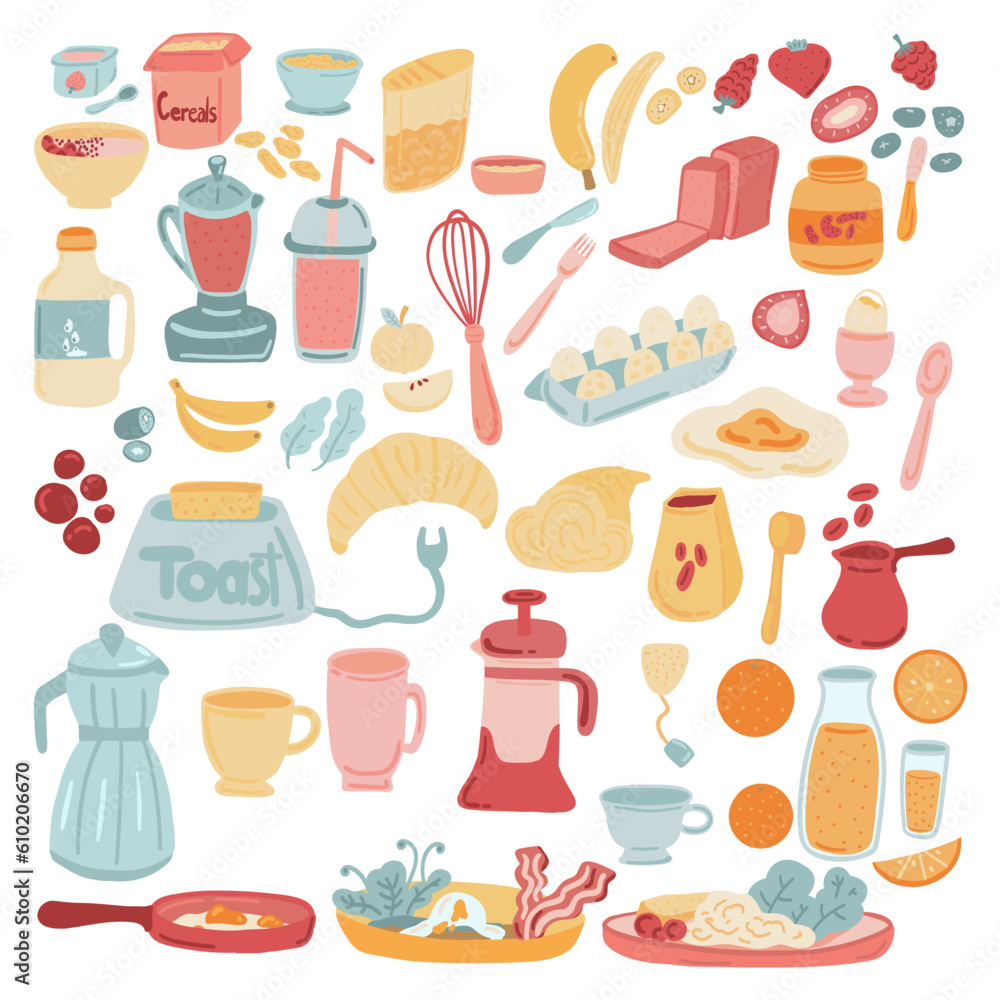 Big set of icons hand drawn brunch breakfast objects Big set of icons hand drawn brunch breakfast objects