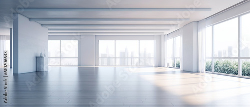 Interior empty white apartment. Modern design. Big light room with copy space. Generative AI