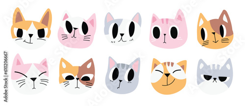 Cute and smile cat heads doodle vector set. Comic happy cat faces character design of different cat breed with flat color isolated on white background. Design illustration for sticker, comic, print.
