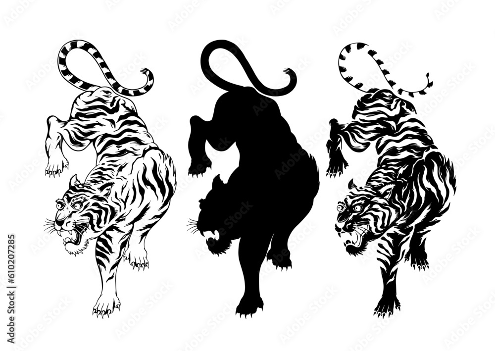 Fototapeta premium Hand drawn tiger illustrations with silhouette and inverted version vector design elements