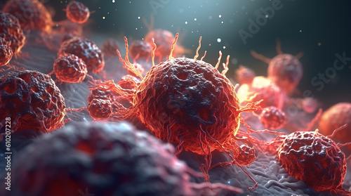 Cancer cells growing, microscopic view, generative ai