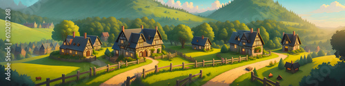 A Beautiful Painting of a Medieval Village Surrounded by Forests, Valleys, and Highlands. Wooden Cottages. Silence and Tranquility. Spring or Summer. Fairy-tale Atmosphere. Cartoon. Generative AI