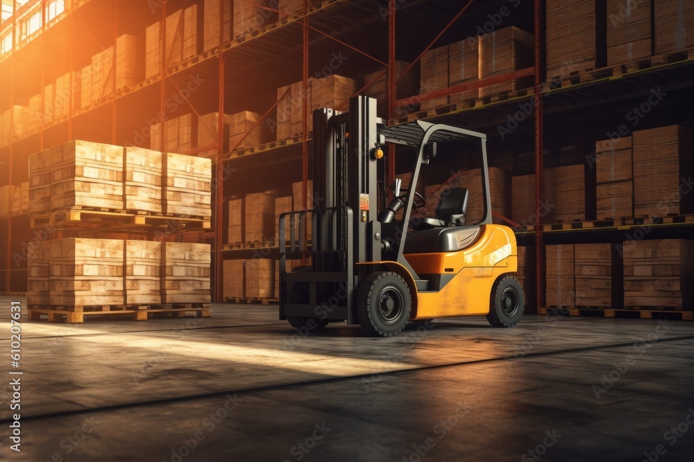 Forklift truck in warehouse. Generative AI