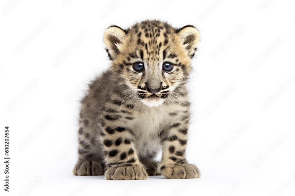 Snow Leopard cub isolated on on white background, Panthera uncia. Generative AI Snow Leopard cub isolated on on white background, Panthera uncia. Generative AI