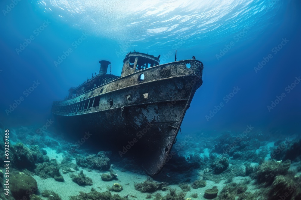 Sunken ship at the bottom of the ocean Sunken ship at the bottom of the ocean