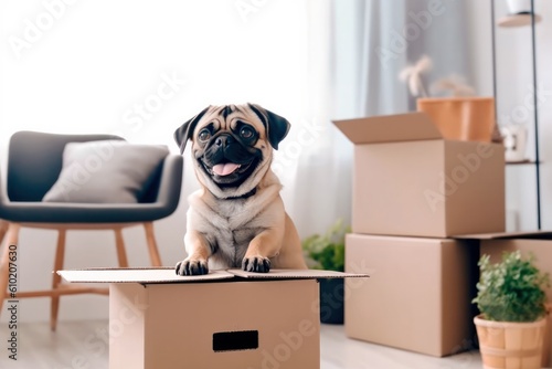 The dog sits on boxes in the living room, packs and moves to a new home. Generative AI. © Anastasiya