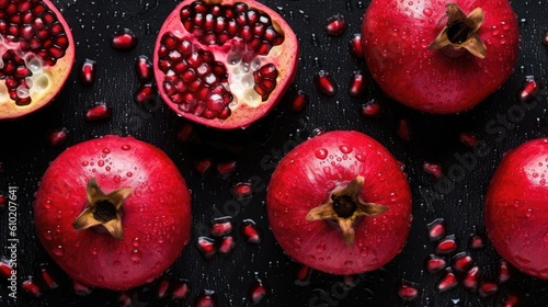 Pomegranate fruits on dark background, top view. Generative AI