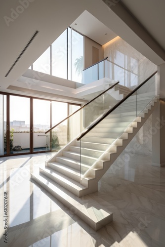Luxury white marble L shape stairway with glass. Interior background. Generative AI © Lubos Chlubny