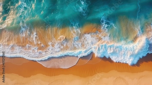 Top view of ocean waves on sandy beach landscape. Beautiful seascape background. Generative AI © Lubos Chlubny