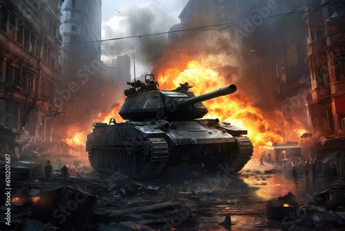 Tank in a city destroyed by war. Army battle, artillery weapons force conflict. Generative AI